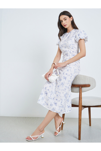 Take Two By Styli White Floral Puff Sleeve Midi Dress