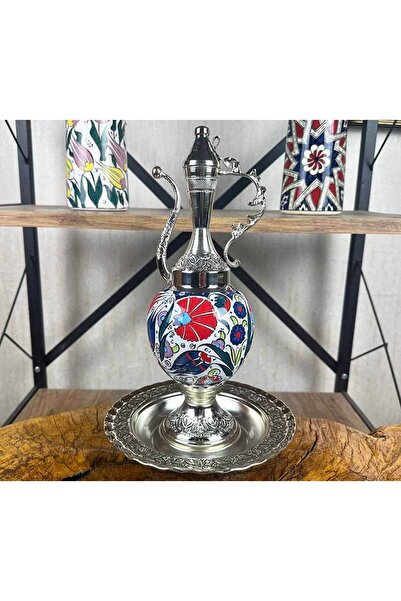 Çini Evi Silver Plated Iznik Tile Pitcher Set with Red Carnation and Blue Tul...