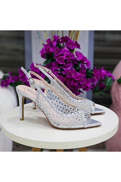favorimo Women's Silver Crystal Stone Transparent Mesh Slingback Evening Dres...