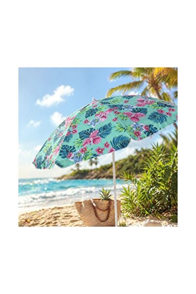 OEM Turquoise Beach Umbrella with Fuchsia Flowers, Sun Protection and Metal F...