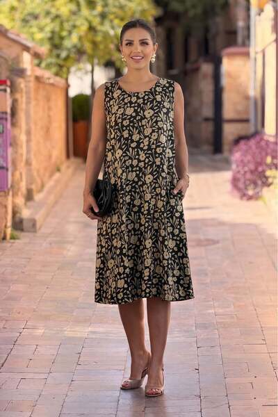 Nevin Kaya Moda V9- Black and Brown Floral Patterned Zero Sleeve Dress