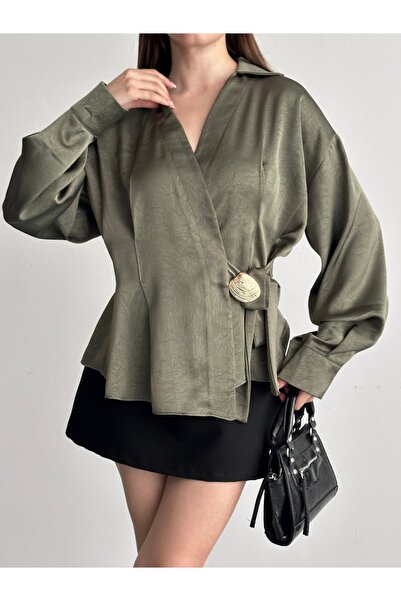 Fashionbox Women's Satin Double-Breasted Tie-Back Blouse with Buckle Detail 2...