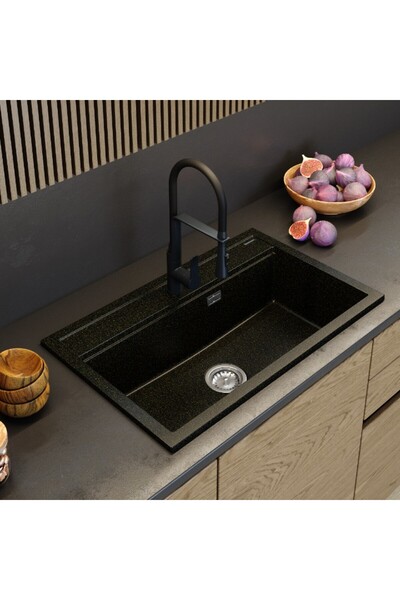 Granitan Chiuveta Granit ASTI, 805x505 mm, negru mat, cu sifon si kit fixare