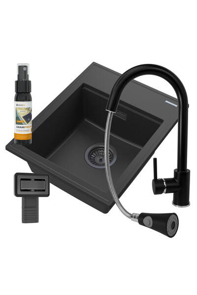 Granitan ALOR Granite Sink Top Bottom Set 50x40 cm Black with pull-out faucet...