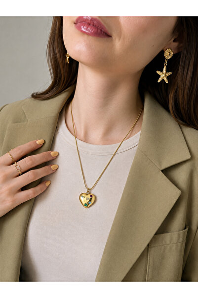 MARCİELO Accessories Çelik Kadın Kolye - Elegant Gold Kalp Charm Tasarımlı Kolye