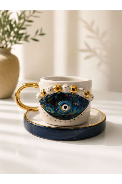 AKY ceramic Nazar Boncuklu Özel Tasarım 24k Altın Dekorlu El Yapımı Seramik M...