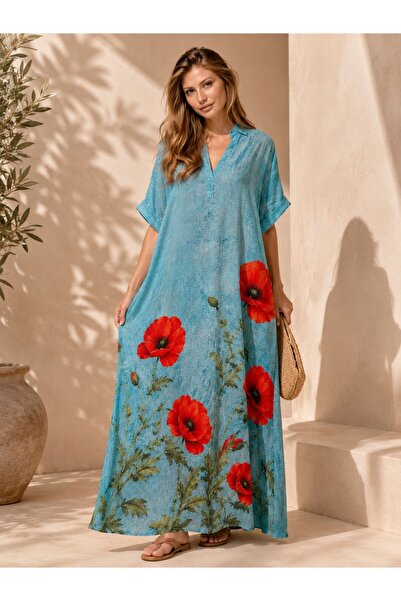 Rainbow Maxi dress with poppies, oversized, viscose