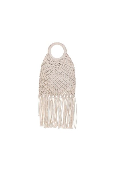 OEM Ecru Macrame Purse for Women, Wooden Handles and Fringes, Premium Boho St...