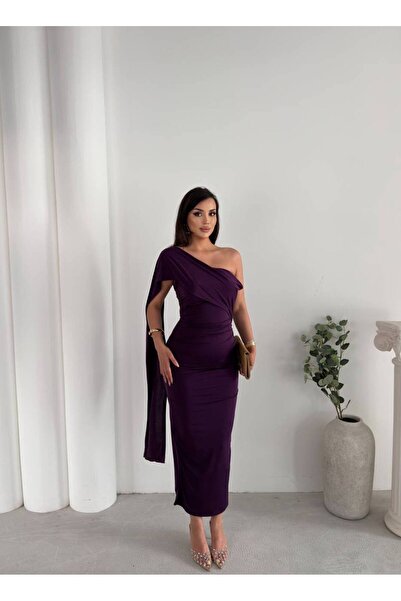 maf collection فستان سهرة نسائي من قماش ساندي باللون الأرجواني مع ربطة عنق مت...