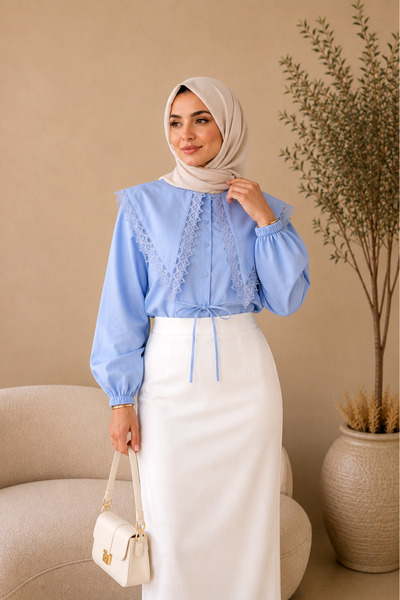 SADEL Yakası Dantelli Beli Bağcıklı Poplin Gömlek - Bebe Mavi