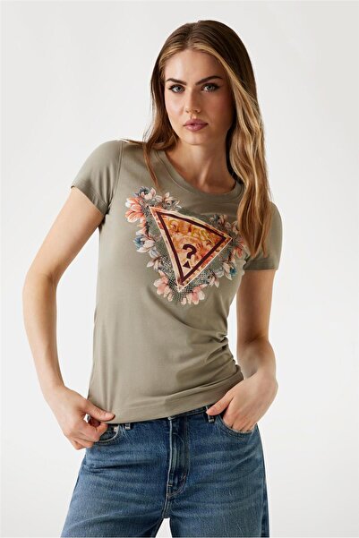 Guess Triangle Kadın Slim Fit T-Shirt Yeşil