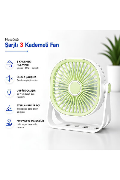 Dexmon Masaüstü Şarjlı 3 Kademeli Fan Type-c Şarjlı Taşınabilir Mini Vantilat...