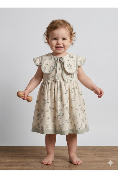Saninbaby Yeşil Çiçek Baskılı Kız Bebek Elbise