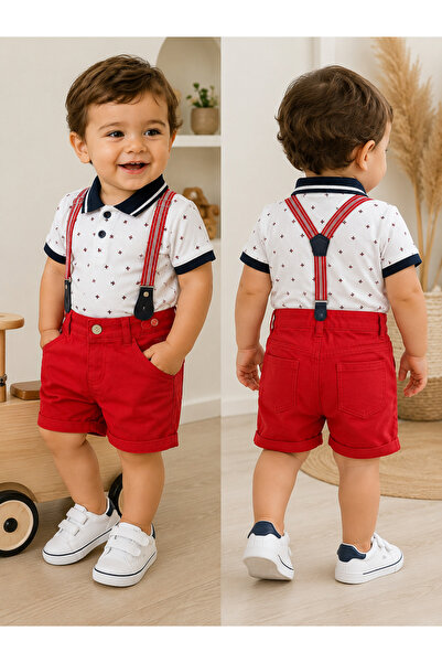 Chicsy Baby Baby Boy Suspender Shorts Set Polo Collar Patterned T-Shirt Red S...