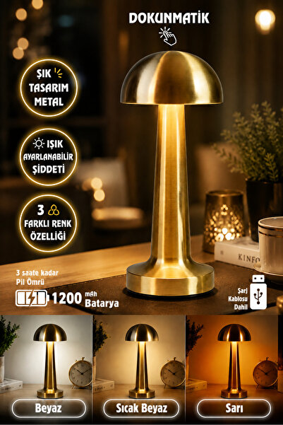 İndecor Houseware Metal Dokunmatik Mantar Masa Lambası 3 Işık Renkli Şarjlı M...