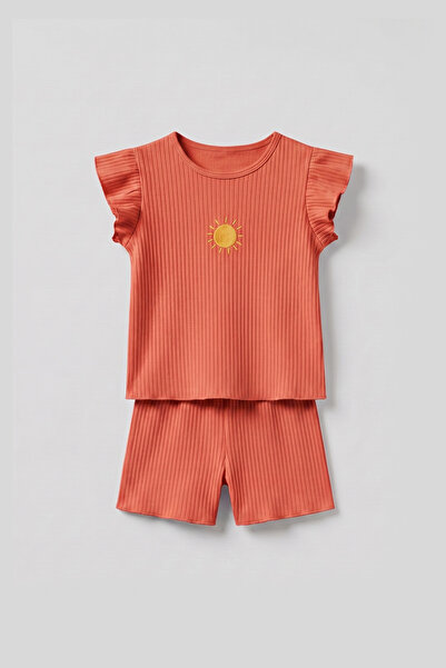 Cotton Trips Soft Fitilli Güneş Nakış Şortlu Takım 2-8 Yaş Nar
