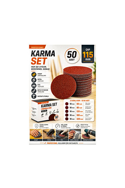 VOLKER Cırtlı Zımpara 50 Adet 115 mm Karma Kum Ahşap Metal Boya Yüzeyleri Day...