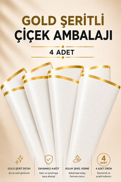 Sellor Gold Şeritli Beyaz Çiçek Ambalajı 57x57 cm Buket Paketleme Kağıdı Prem...