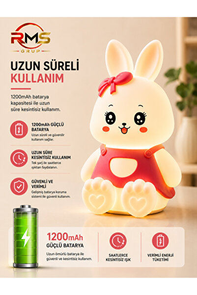 RMSGRUP RMS Grup Tavşan Gece Lambası RGB Şarjlı Dokunmatik LED Çocuk ve Bebek...