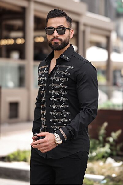 BAYIM Zincir Motifli Slim Fit Gömlek Klasik Yaka Erkek Taş İşlemeli