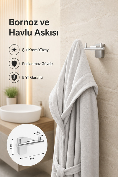 Alper Banyo Premium F1 Model Krom Bornoz ve Havlu Askısı Paslanmaz Çelik Montajlı Banyo Havluluk 5 Yıl Garantili