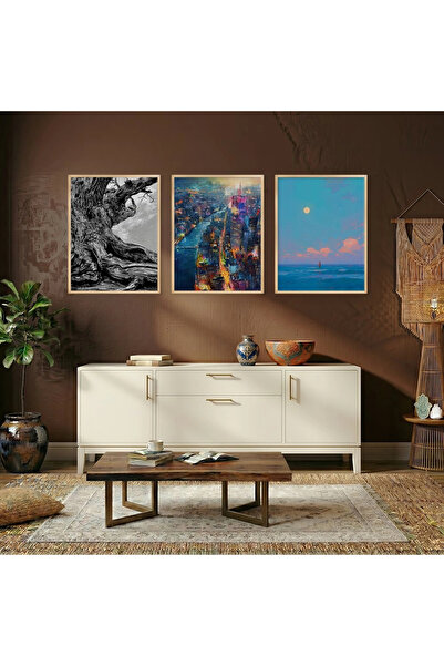 KOLAJTASARIM Modern Perspectives Set de 3 tablouri cu rame din lemn natural
