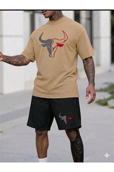 YK WEAR Unisex Bull Logo Oversize T-Shirt Shorts Two-Piece Set