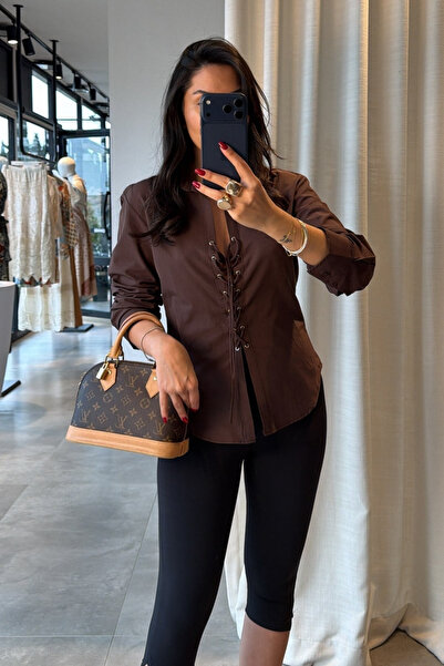 SHILSEE BEUTİQUE Women's Poplin Shirt with Bird Eye Detail and Tie Front, Brown