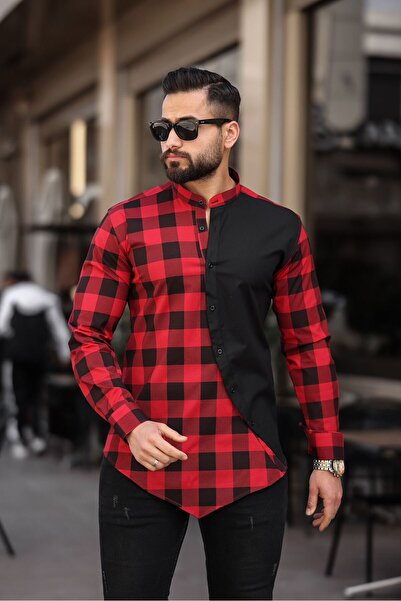 BAYIM Ekose Detaylı Asimetrik Kesim Erkek Slim Fit Gömlek
