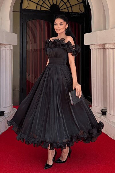 ADAMODA.RO Rochie elegantă din satin creponat cu detalii cu volane