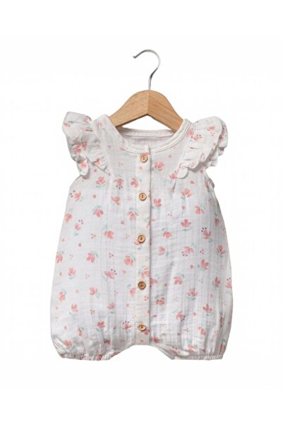 voyyo kids baby Kız Bebek Yazlık Çiçek Baskılı Müslin 0-3-6-9 Ay Düğmeli Barb...