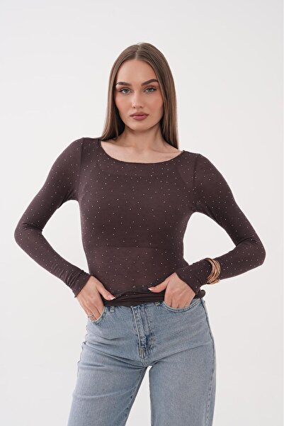 WOMAN VISION Woman Brown Sheer Stretch Long Sleeve Rhinestone Detail Blouse 216