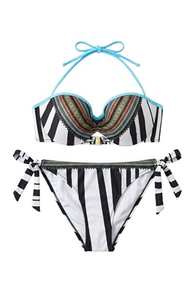 Argento straplez hafif dolgulu balenli çizgili boyundan bağlamalı bikini takımı