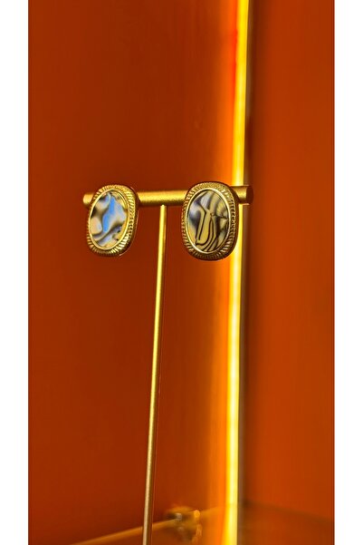 Gold Renk Doğal Desenli Taş Detaylı Vintage Küpe