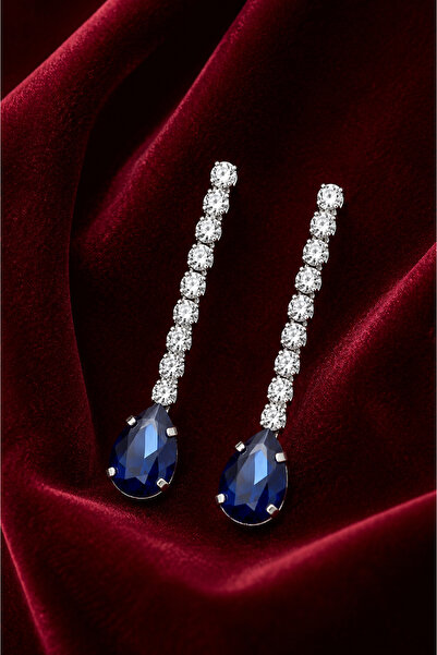 Sylvera Shop Damla Blue Stone Dangle Evening Dress Stylish Earrings (Silver C...