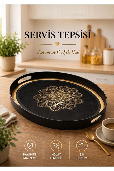 Galeriyo Mandala Çiçek Desenli Oval Servis Tepsisi Siyah
