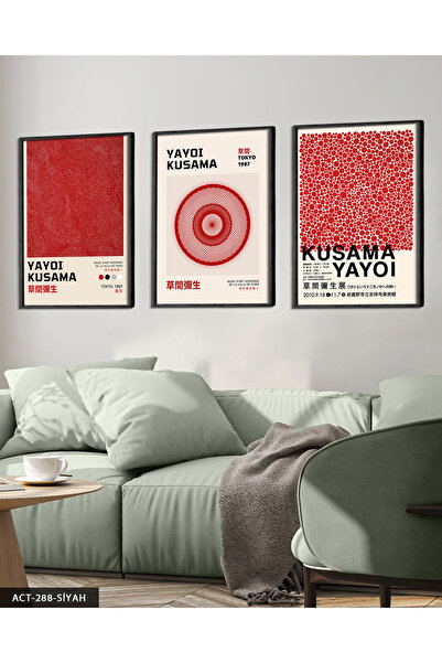 Yayoi Kusama 3 Parça SiyahAhşap Çerçeveli Tablo ACT