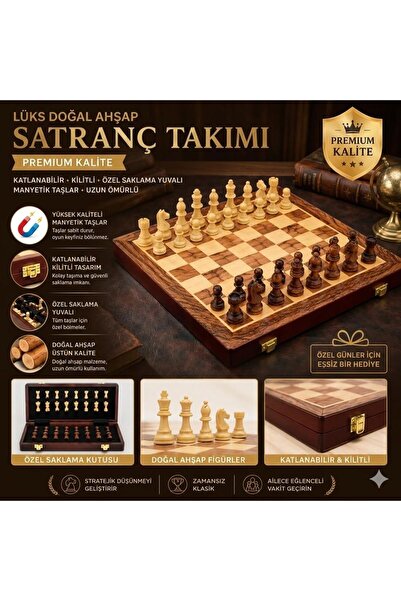 e-life Lüks Ahşap Manyetik Satranç Takımı 29 Cm Katlanabilir Özel Yuvalı Prem...