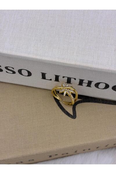 Hedef Bijuteri Gold Color Leaf Zircon Stone Sea Star Adjustable Brass Ring T1