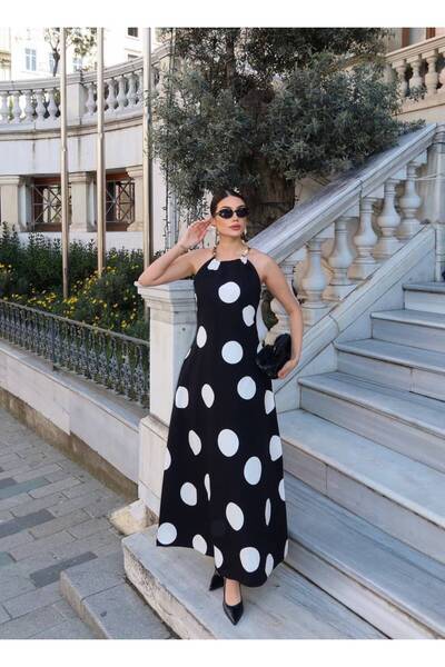 timagna Rochie de damă cu buline, cu guler halter, cu mărgele, lungă, maxi