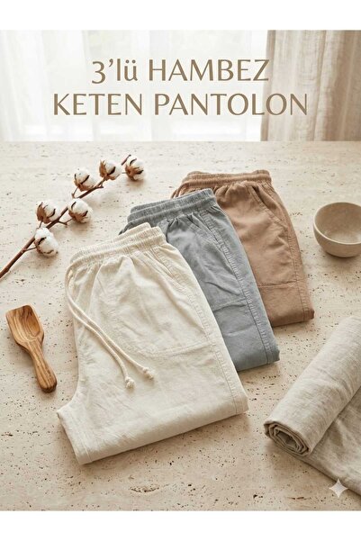 BEYAZTOPTAN Natural Linen Textured Comfortable Cut 3-Piece Harem Pants Set