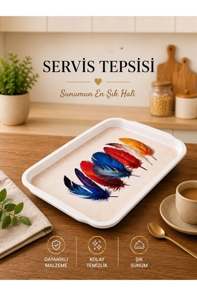 Galeriyo Renkli Kuş Tüyü Desenli Orta Boy Servis Tepsisi