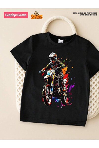 vinraus giyim Erkek Çocuk Siyah Cross Motor Baskılı Günlük Rahat Tshirt