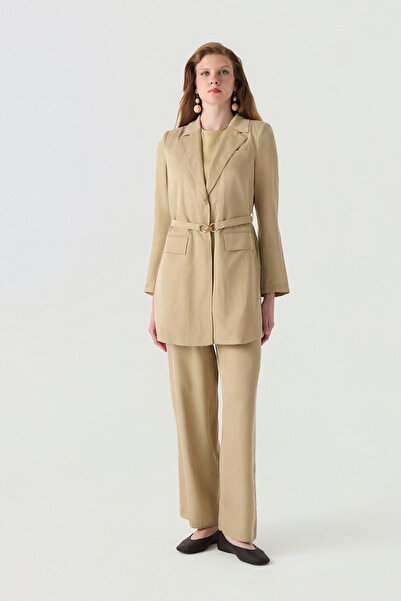 Zühre Belted Suede Textured Double-Breasted Beige Suit 1791