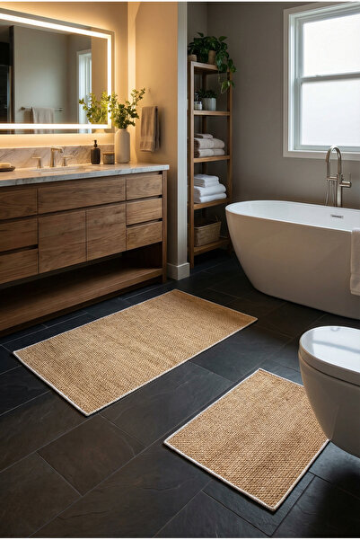 CENTER AVM Banyo Paspası Banyo Halısı Yıkanabilir Kaymaz Taban Hasır Görünüml...