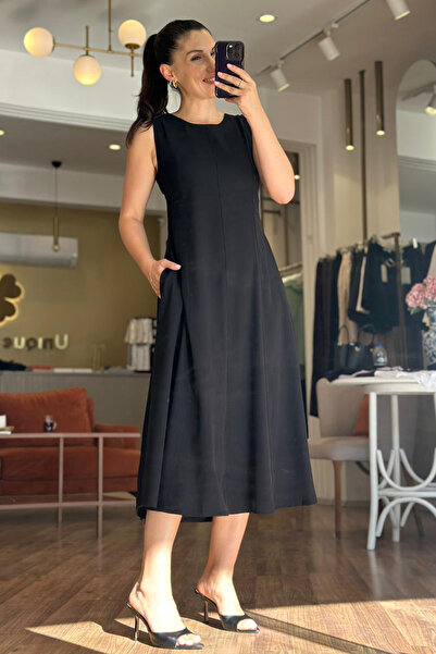 Unique Boutique Siyah Tensel Kumaş Midi Boy Cepli Elbise