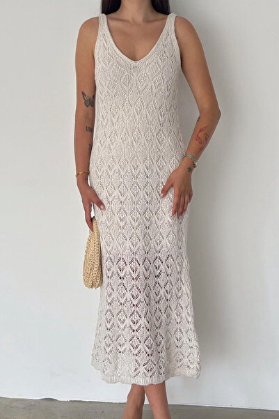 Noa&Noa Openwork Knitwear Strap Midi Beach Dress with Slit Detail