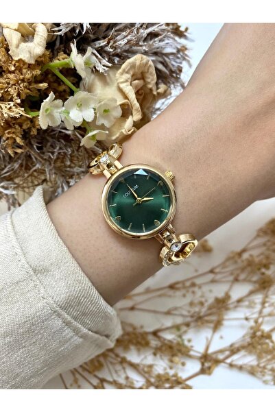 Mazzy Round Design Stone Cord Gold Green Dial Women's Wristwatch