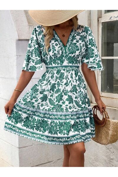 Iuliashop Rochie scurtă Cathia Albă cu imprimeu floral verde - S