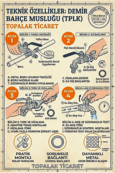 TOPALAKTİCARET Metal Bahçe Musluğu - Paslanmaz Dayanıklı Gövde - 1/2'' Profesyonel Vana